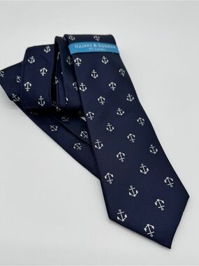 Haines & Bonner Silk Tie Navy Blue Anchor Print Handmade Nautical Mens Necktie